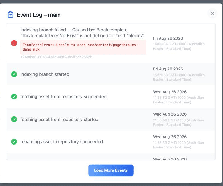 The TinaCloud event log showing a failed indexing run