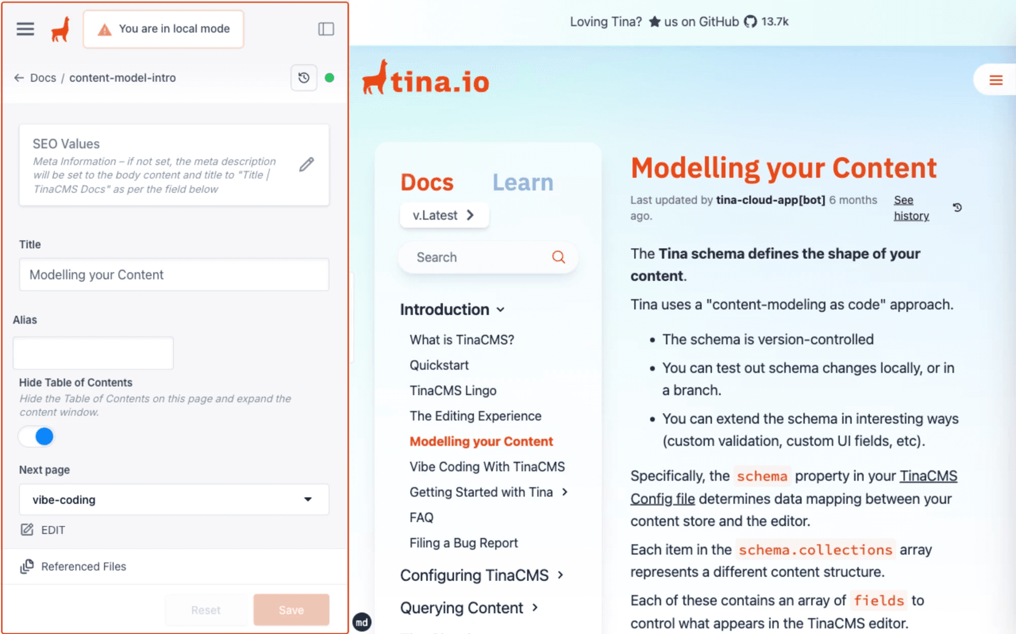 The TinaCMS admin editor sidebar open next to a live site preview